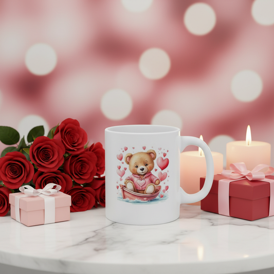 Professional Valentine's Day photo shoot with bear in boat mug, roses, gift boxes and candles