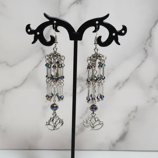 Windchime Earrings - Silver & Iridescent Beads with Lotus Charm