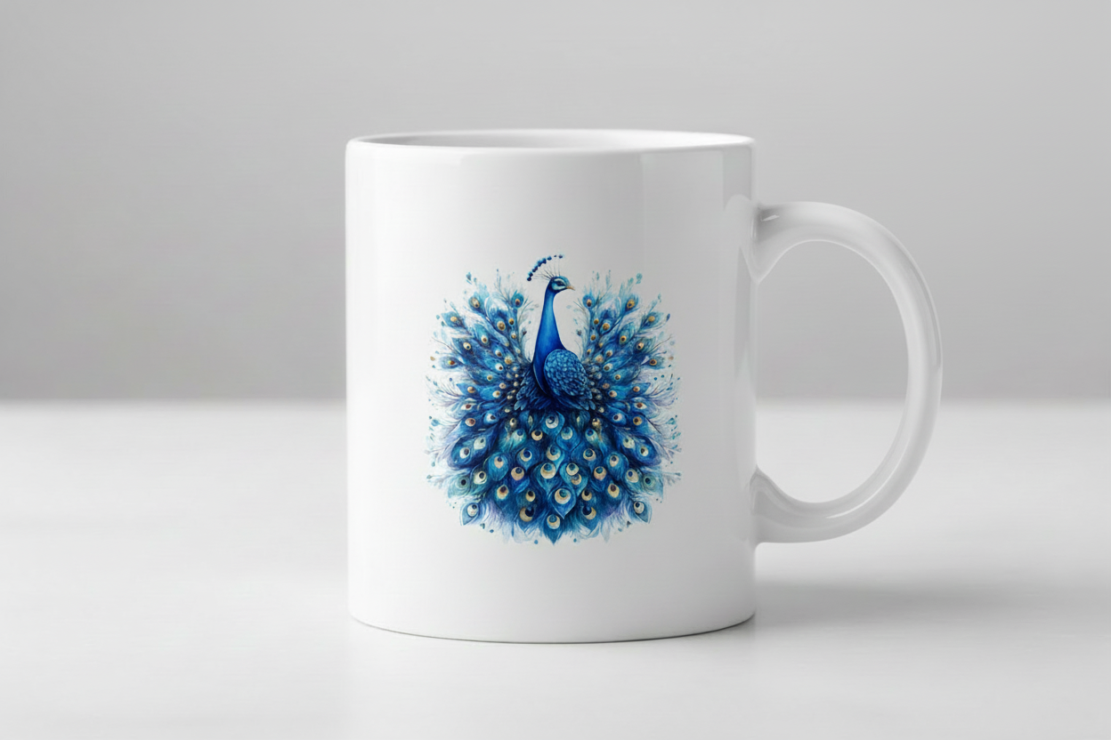 Symmetrical blue peacock mug mockup