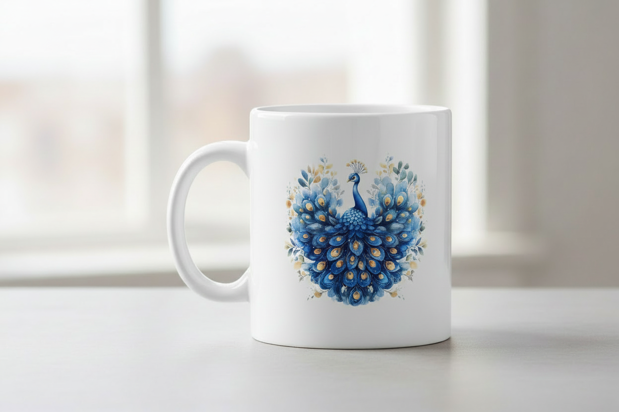 Symmetrical peacock mug mockup