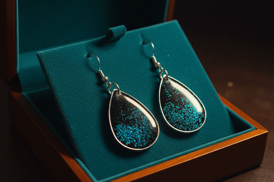Teal glitter earrings in luxury jewelry box