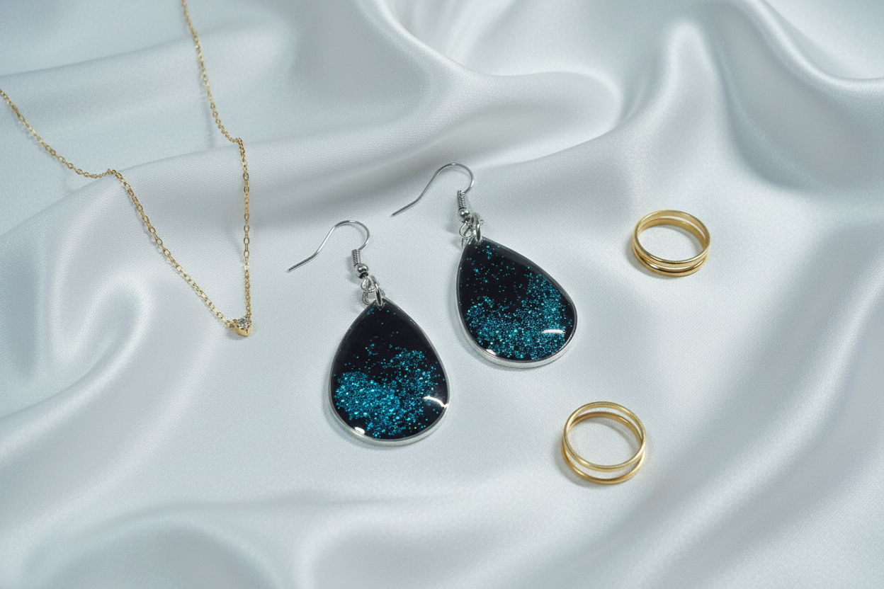 Teal glitter earrings on silk fabric