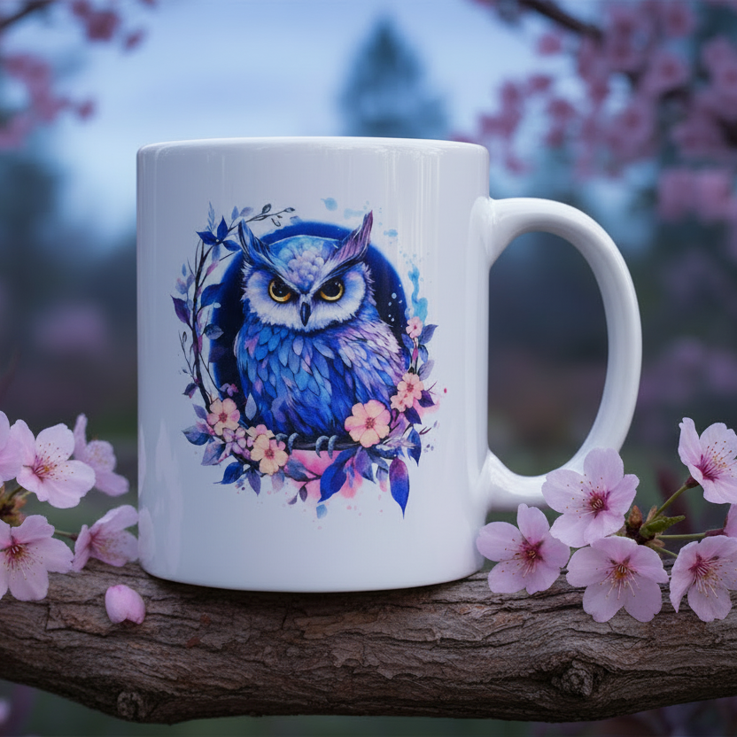 Twilight Blossom Owl Mug in Garden Setting