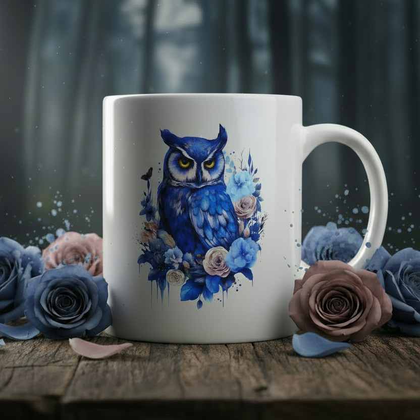 Watercolor Dreams Owl Mug in Artistic Setting