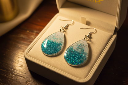 White and teal earrings in luxury jewelry box