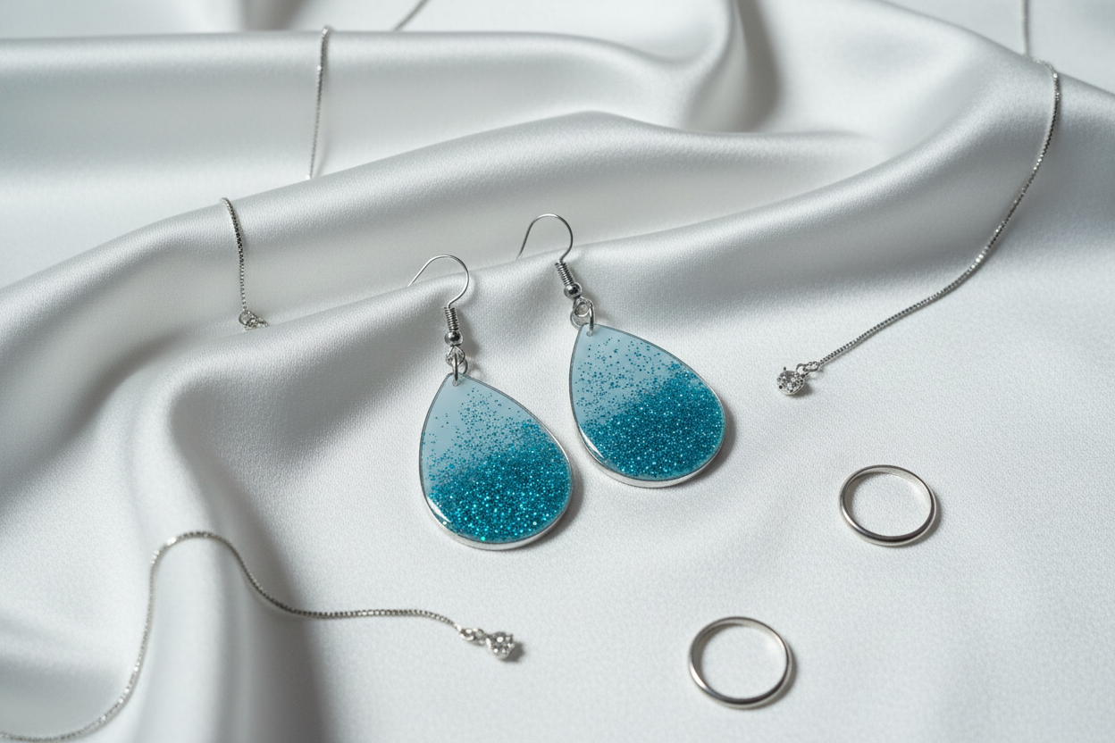 White and teal earrings on silk fabric